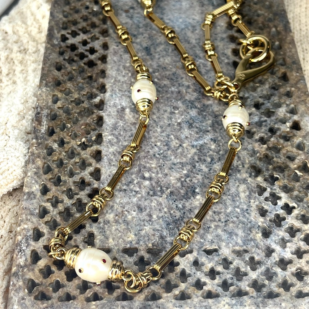 Brooks Brothers 36” Gold Tone Link Necklace w/ Faux Pearl Stations